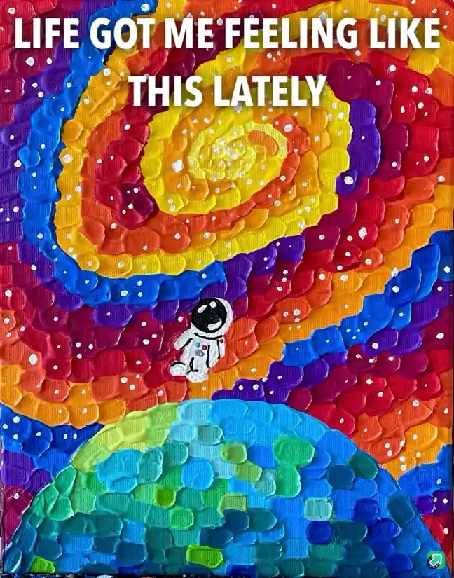 A textured, thickly painted artwork depicts a small astronaut floating above a colorful, swirling galaxy with a planet…