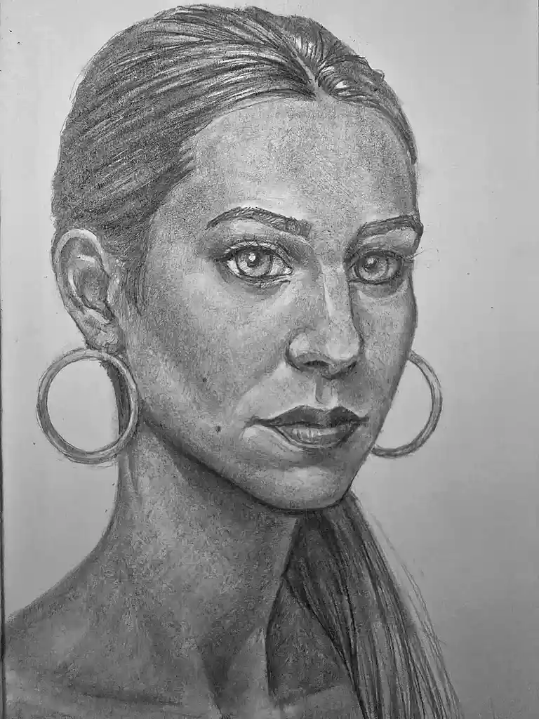 A detailed pencil sketch of a woman with large hoop earrings, looking directly at the viewer with a neutral expression. The…