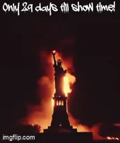 Six identical images show the Statue of Liberty engulfed in flames against a dark background, with the text 'Only 29 days…