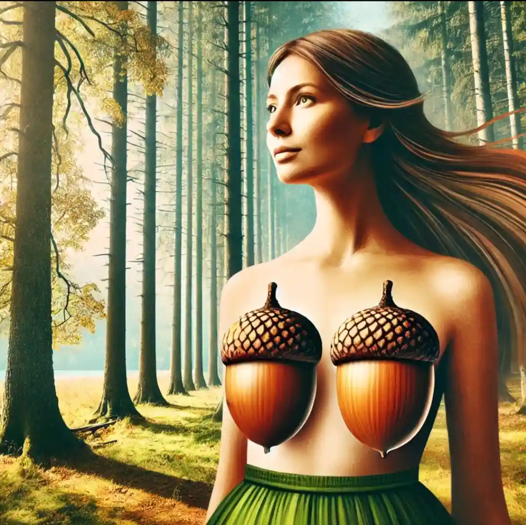 A digitally rendered woman with long brown hair stands in a sunlit forest, wearing a green skirt and two large acorns as…