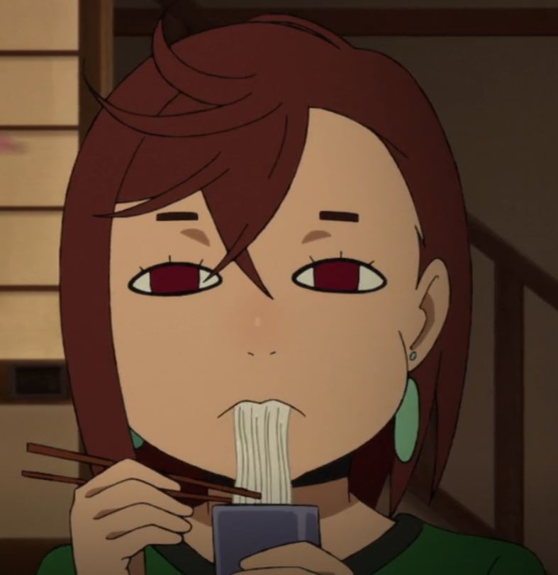 An anime girl with brown hair and red eyes is shown eating ramen noodles with chopsticks, but the noodles are stuck to her…