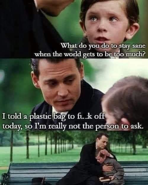 The meme features three panels from a movie scene. The top panel shows a young boy looking up with a question: 'What do you…