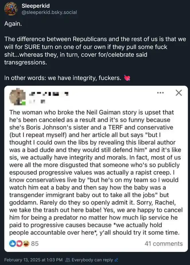 A screenshot of a social media post by 'Sleeperkid' that quotes a comment criticizing conservatives for hypocrisy. The…