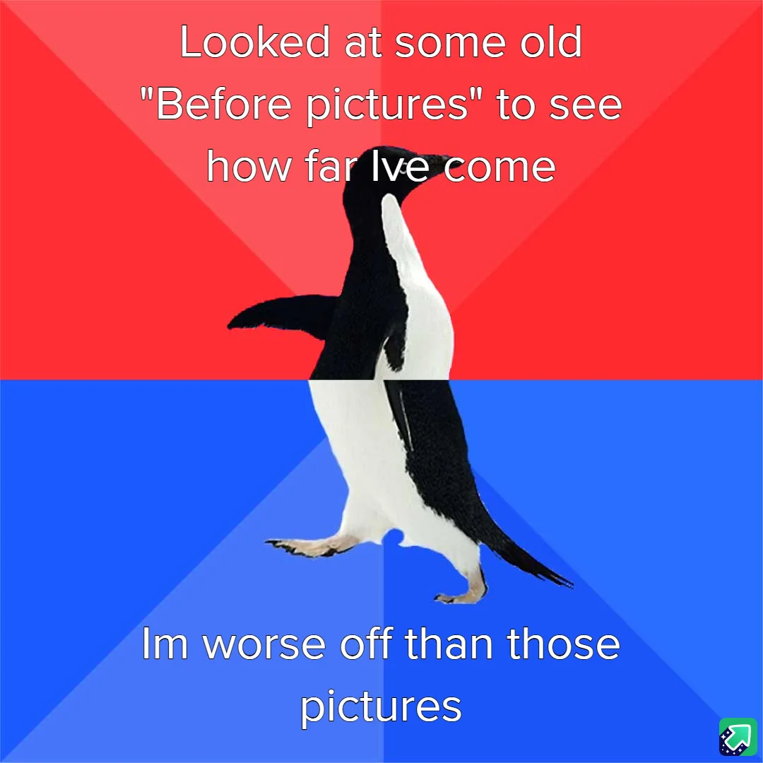 A penguin is split vertically down the middle, with the top half against a red background and the bottom half against a blue…