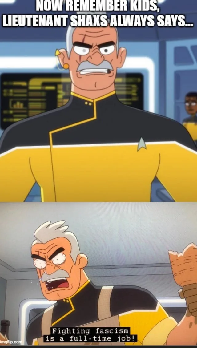 The image is a two-panel meme featuring the animated character Lieutenant Shaxs from Star Trek: Lower Decks. In the top…