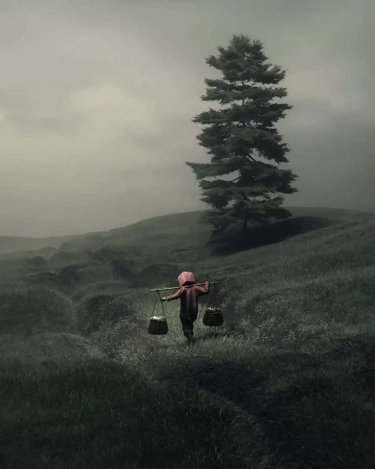 A person with a square head walks away across a misty, rolling green hill carrying a yoke with two baskets. A lone pine tree…