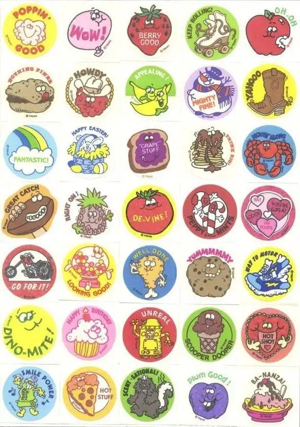 A grid of colorful, round, cartoon-themed stickers featuring anthropomorphic food items and objects like a strawberry…