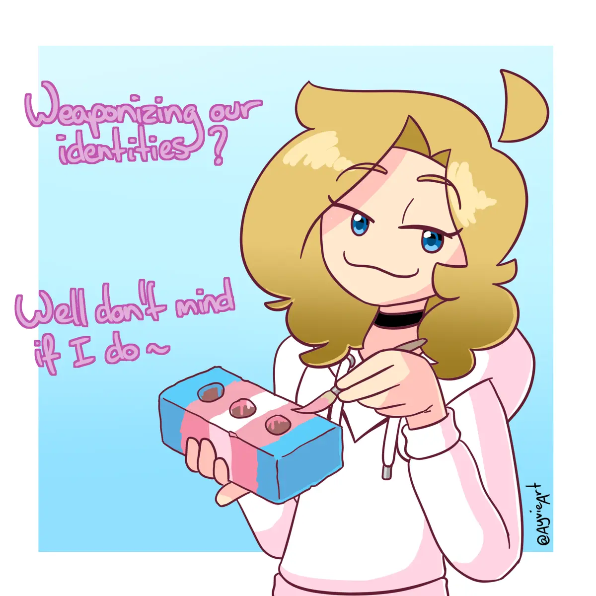 A cartoon girl with blonde hair and blue eyes, wearing a white hoodie with pink trim, holds a block painted with the trans…