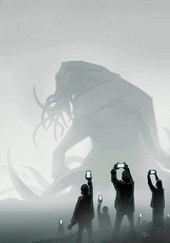 A misty, atmospheric illustration shows several silhouetted people holding up smartphones to photograph a colossal, shadowy…