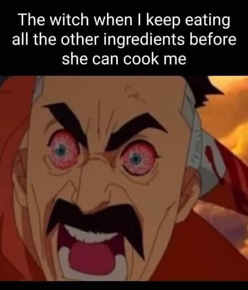An anime character with a furious expression, wide red-veined eyes, and an open mouth screaming, overlaid with white text…