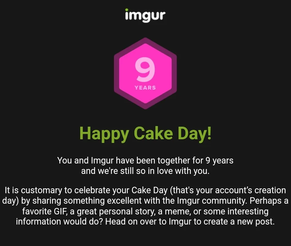 An Imgur account anniversary notification celebrating a user's 9-year milestone, featuring a pink hexagon with the number 9…