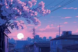 A serene anime-style image depicts a cherry blossom tree in full bloom against a purple and pink sunset sky over a cityscape…