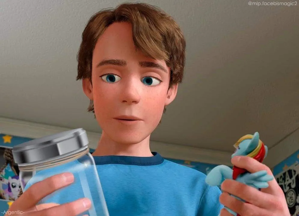 A young man with brown hair and blue eyes, wearing a blue shirt, holds a clear jar in one hand and a small blue pony toy in…