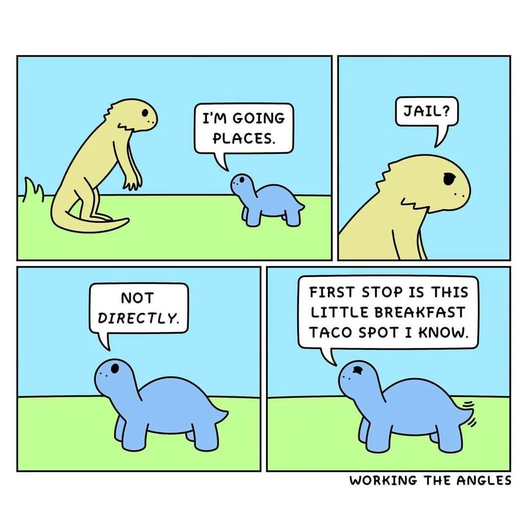 A four-panel comic strip featuring two cartoon dinosaurs: a larger yellow one and a smaller blue one. In the first panel…