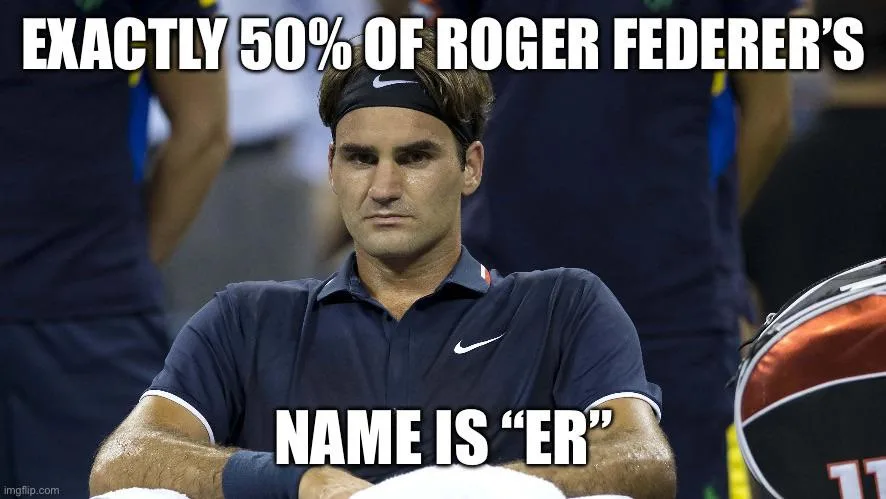 A photo of tennis player Roger Federer with a serious, slightly annoyed expression, wearing a dark blue Nike polo and…