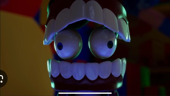 A close-up of a cartoonish, plastic-looking character with large, bulging white eyes and a wide, toothy grin, set against a…
