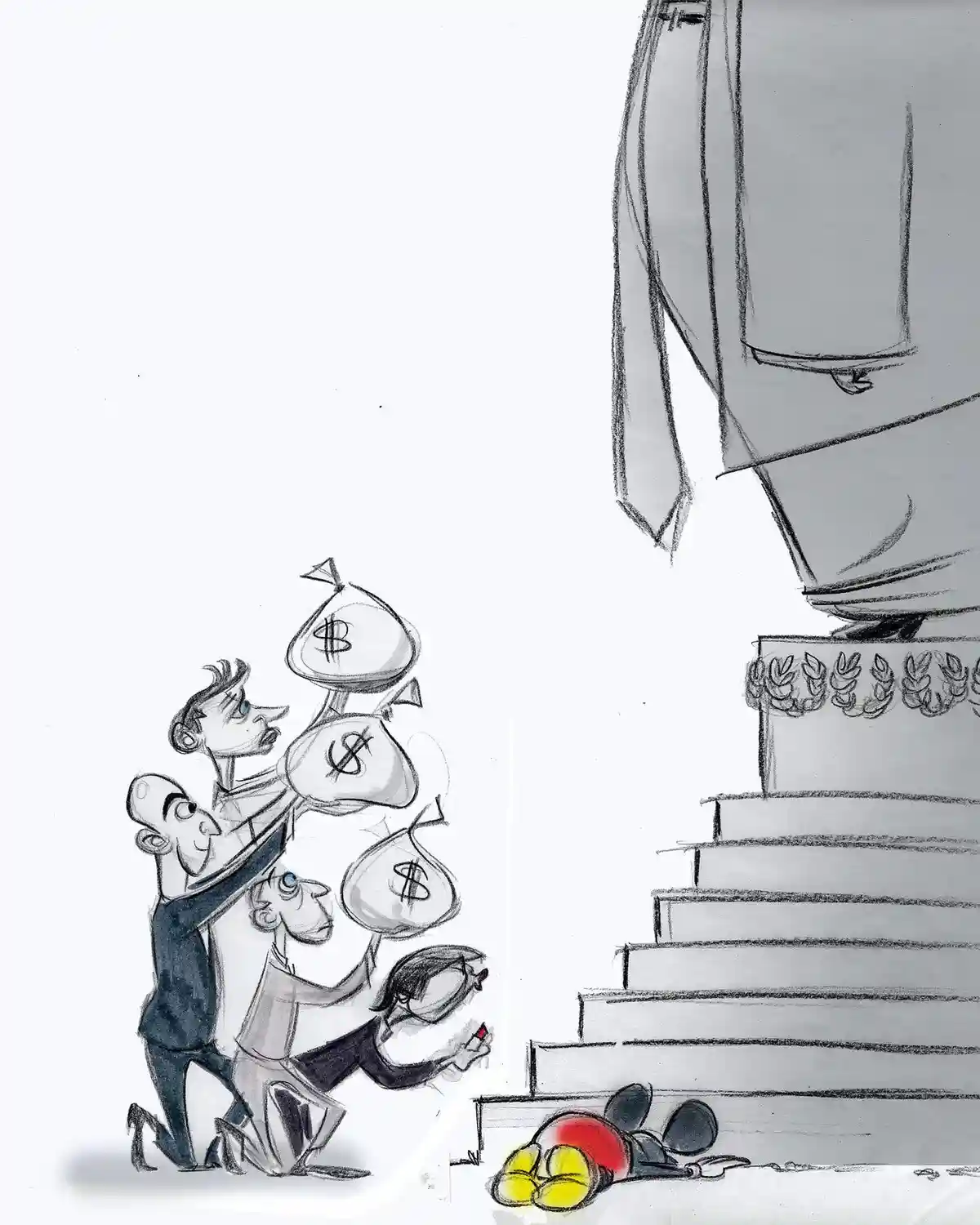 a black-and-white cartoon drawing shows several men carrying large sacks marked with dollar signs up a set of stairs leading…
