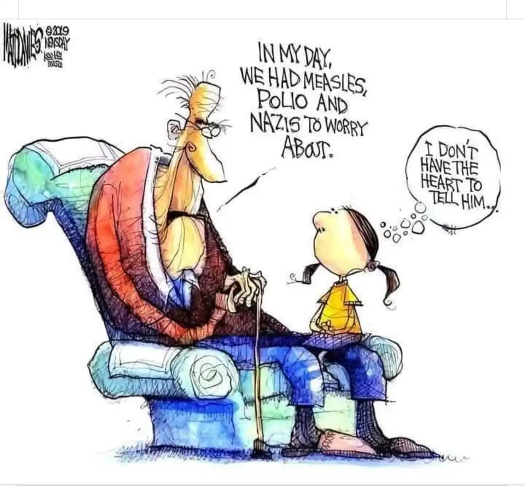 An elderly man with a cane sits in a large armchair, telling a young girl that in his day, they had measles, polio, and…