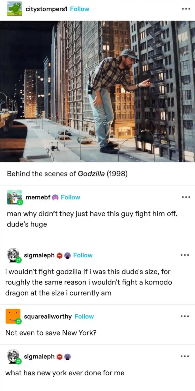 A behind-the-scenes photo from the 1998 movie Godzilla shows a man in a plaid shirt and cap standing on a miniature city…