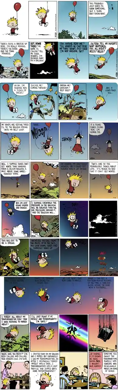 A comic strip shows a boy named Calvin floating upward on a red balloon, initially happy, then increasingly panicked as he…