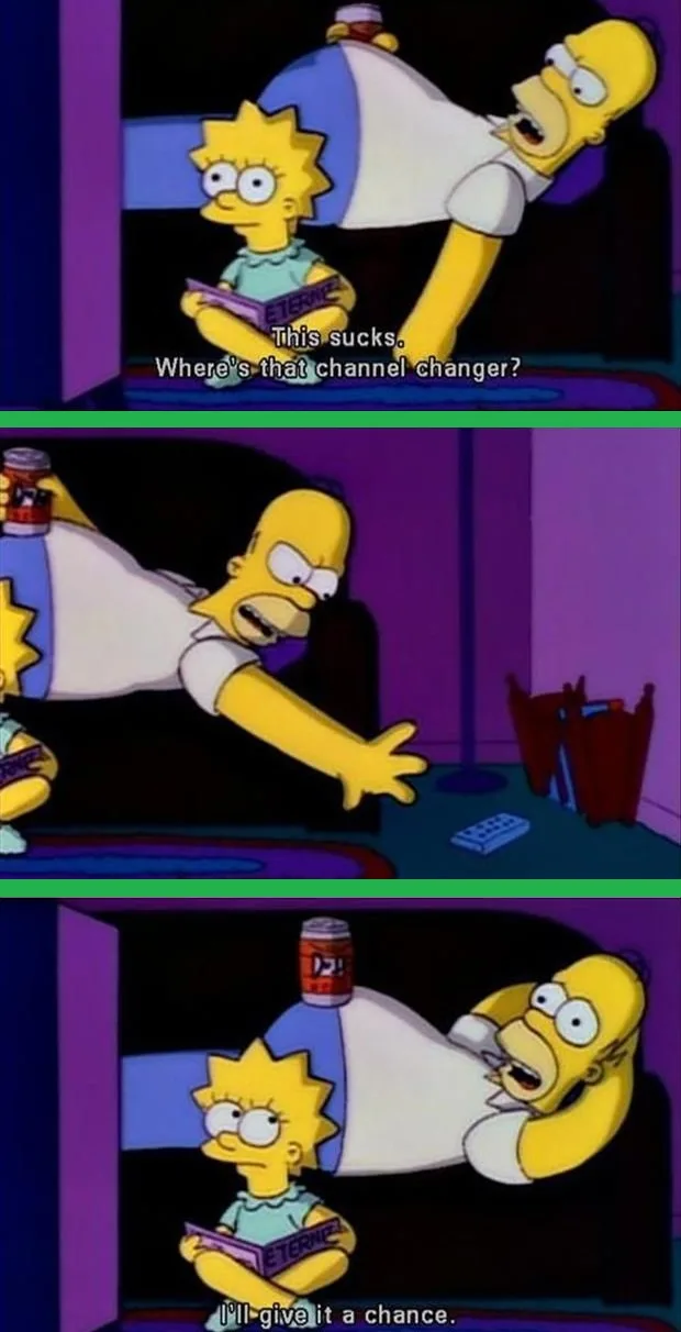 Three-panel meme from The Simpsons showing Lisa reading a book while Homer lies on his back, searching for a channel changer…