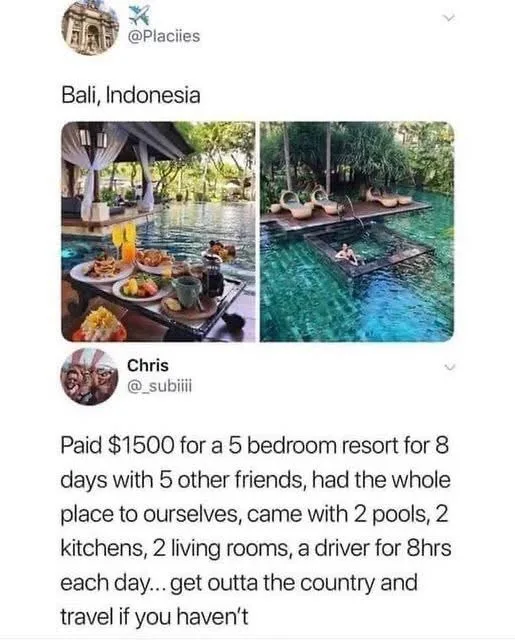 A social media post shows two images: one of a luxurious poolside breakfast setup and another of a person relaxing in a…