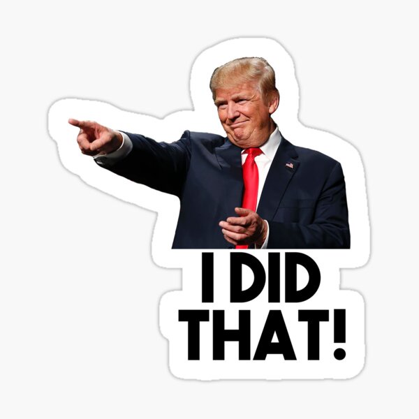 A cutout image of Donald Trump pointing to the side with a smug expression, wearing a dark suit and red tie, with the bold…