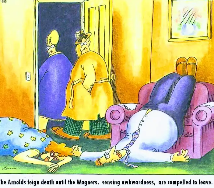 A 1985 cartoon depicts two people lying motionless on the floor and a couch, while two other people in bathrobes stand at…