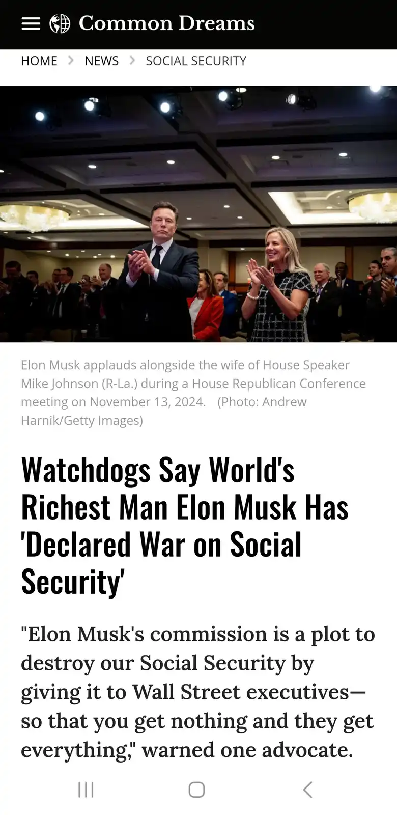 A screenshot of a Common Dreams news article shows Elon Musk applauding at a political event, with the headline claiming…