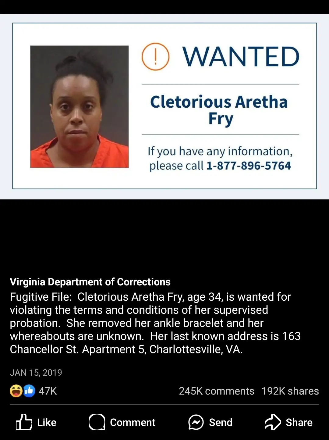 A wanted poster from the Virginia Department of Corrections features a mugshot of a woman in an orange jumpsuit. The poster…