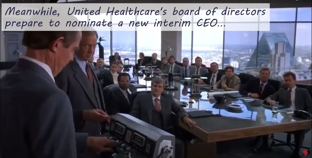 A still from a corporate movie shows a boardroom scene with many men in suits seated around a large glass table, looking…