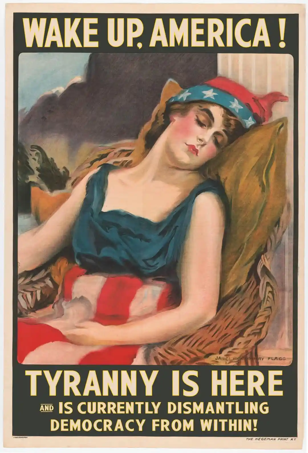 A vintage American propaganda poster shows a woman wearing a stars-and-stripes headband and draped in red and white fabric…