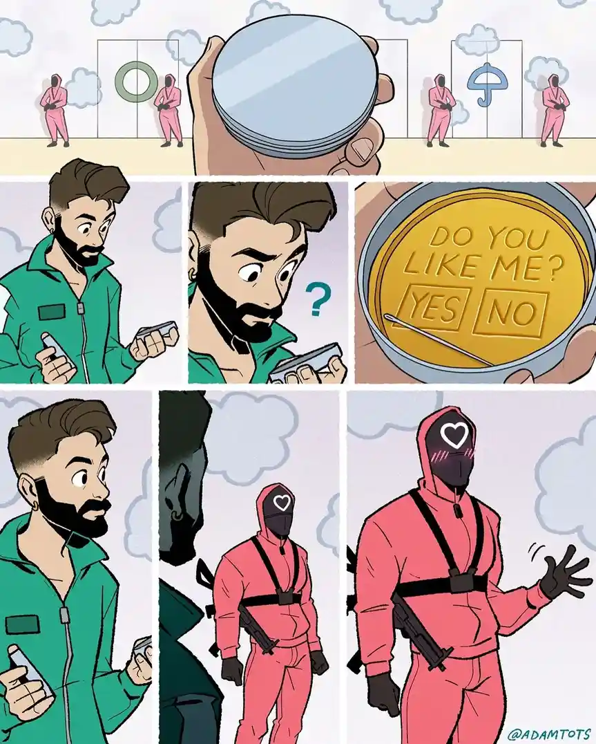 A comic strip shows a man in a green jumpsuit looking at a compact mirror, revealing a golden coin inside with 'DO YOU LIKE…