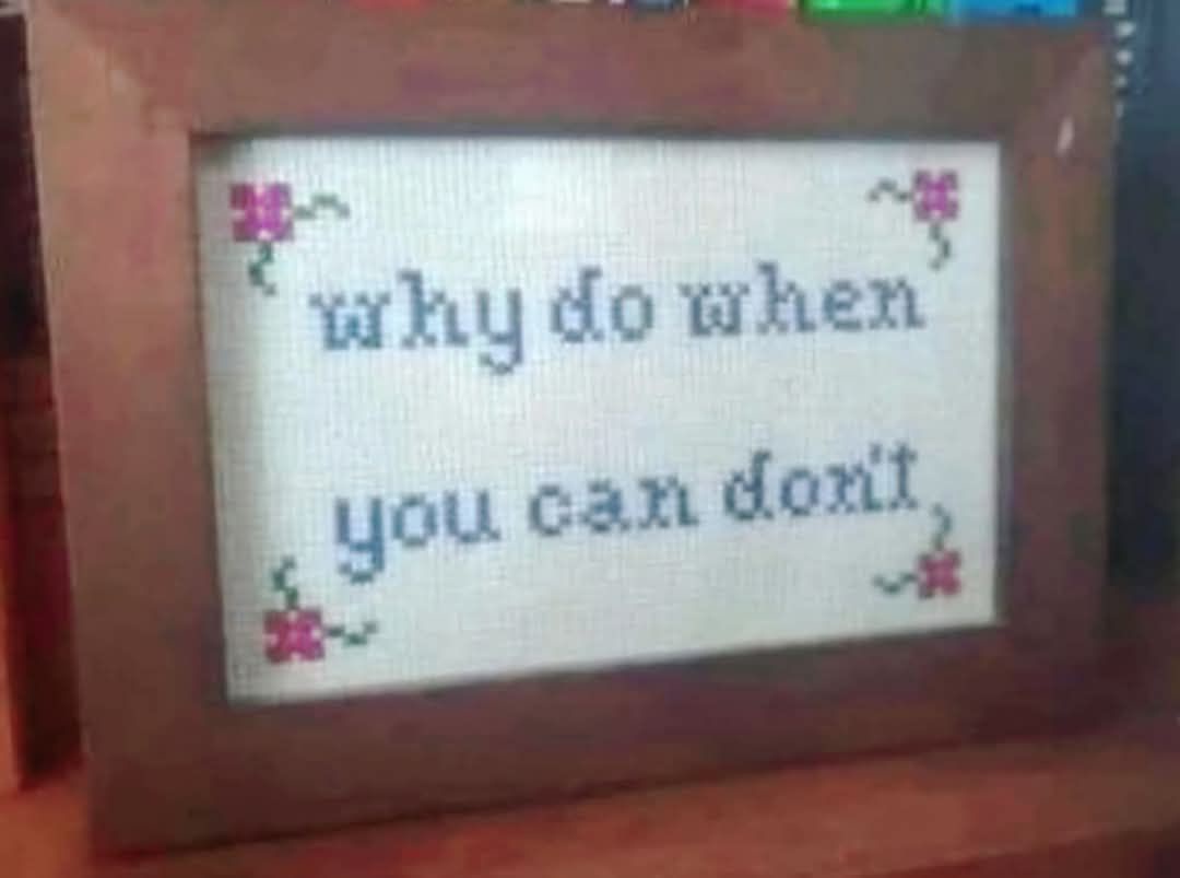 A framed cross-stitch piece displays the text 'why do when you can donit' in blue thread on white fabric, surrounded by…