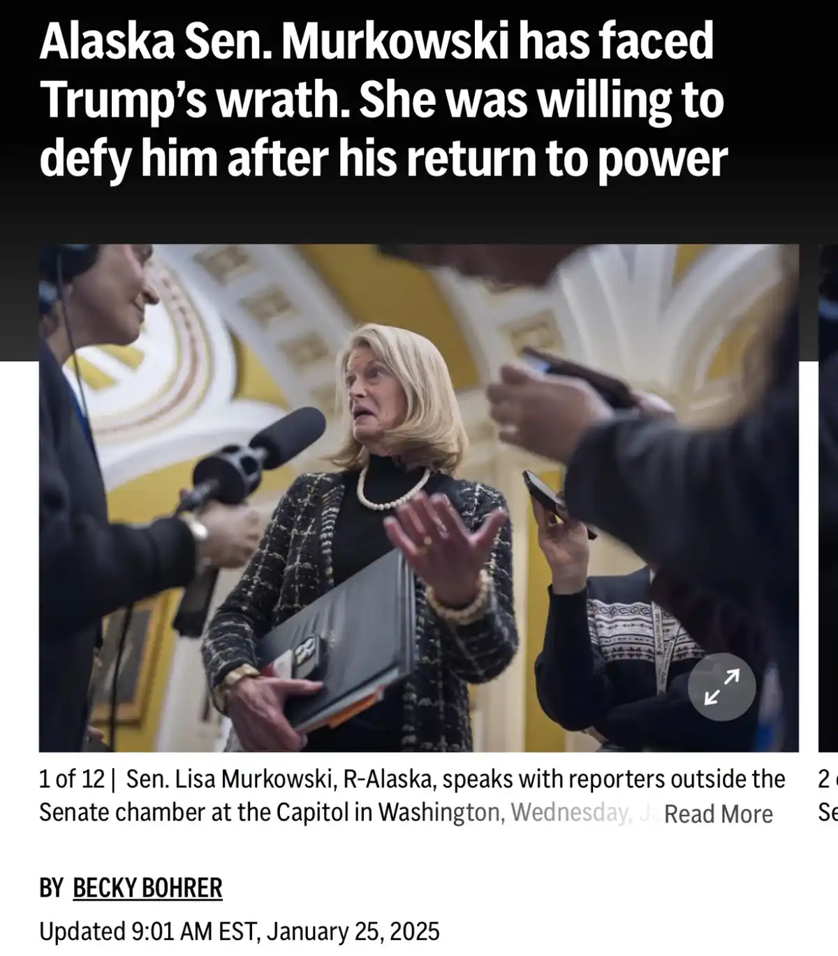 A photo of Senator Lisa Murkowski speaking to reporters outside the Capitol, with overlaid text claiming she faced Trump's…