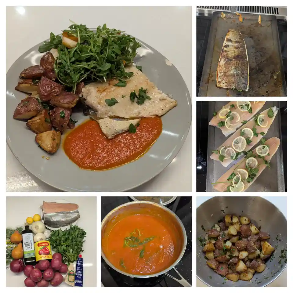 A six-panel collage shows the process of preparing a fish dinner: ingredients laid out, tomato sauce simmering, roasted…