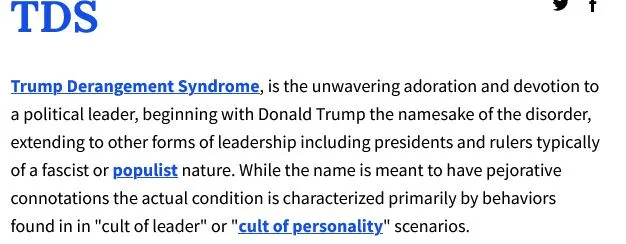 A screenshot of a Wikipedia-style definition for 'Trump Derangement Syndrome' (TDS), with the term in large blue text at the…