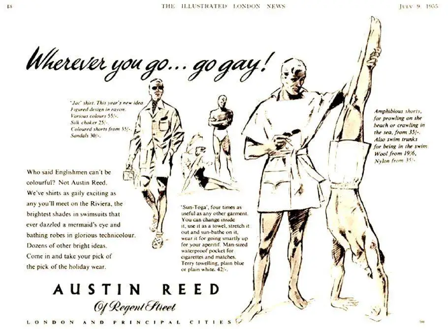 A vintage 1935 advertisement from The Illustrated London News for Austin Reed, featuring illustrated men in swimwear and…