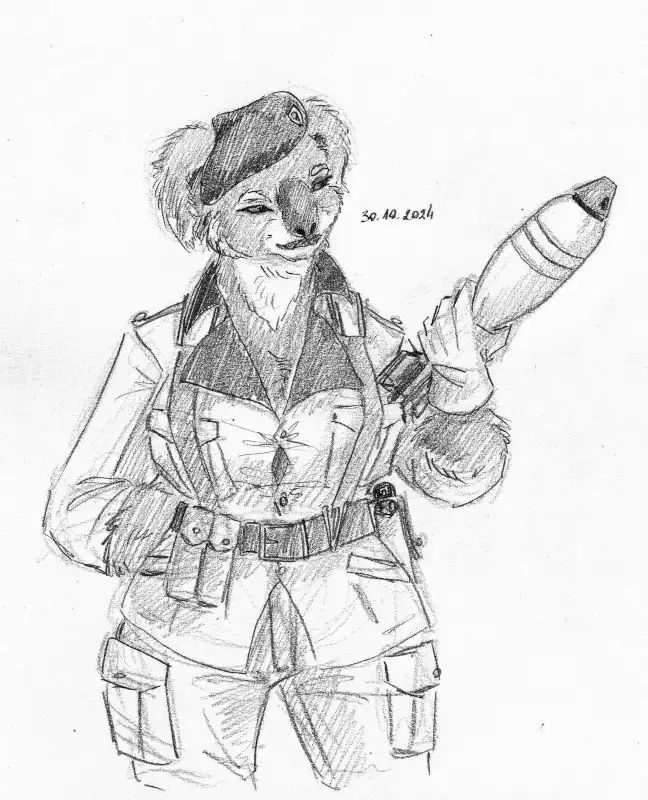 A pencil sketch of an anthropomorphic fox in military-style uniform holding a large mortar round, with a smug expression…