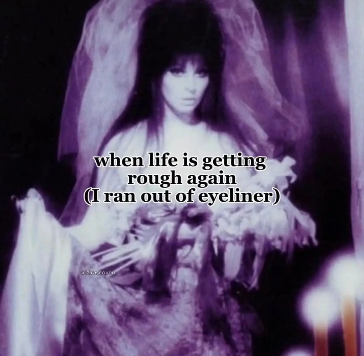 A woman in a wedding dress and veil, with a somber expression, is shown in a purple-tinted image. Overlaid text reads 'when…