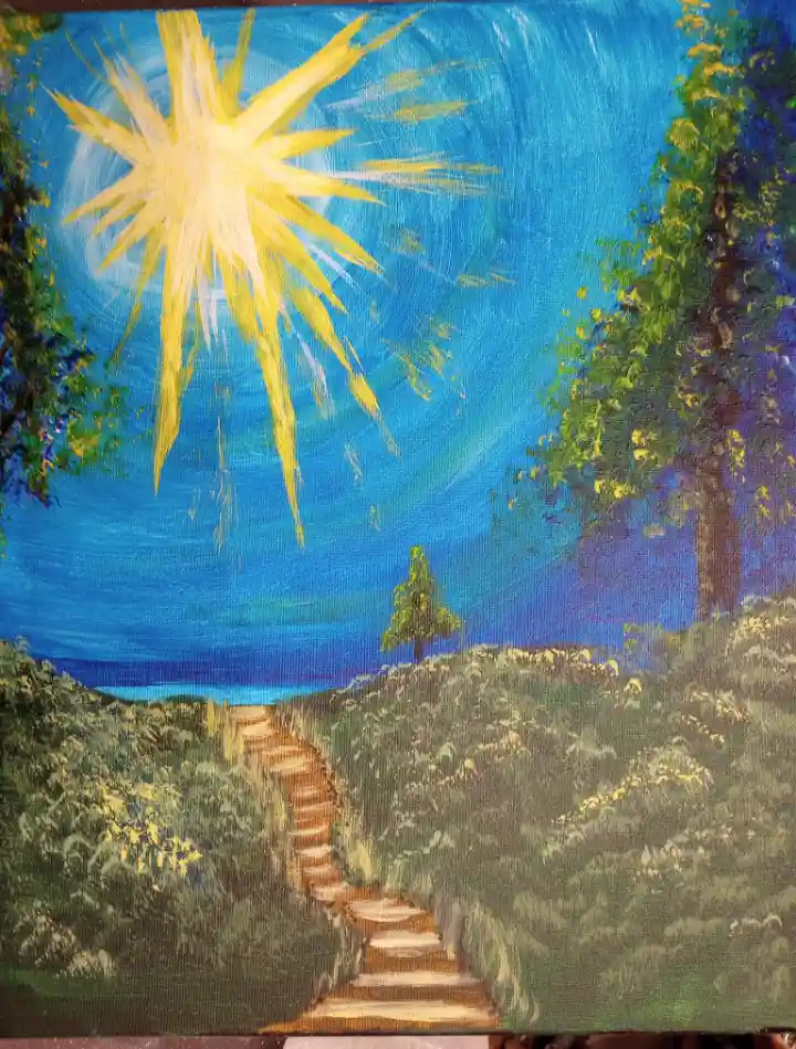 A painting depicts a winding stone path through a grassy field leading toward a bright, stylized sun in a vivid blue sky…