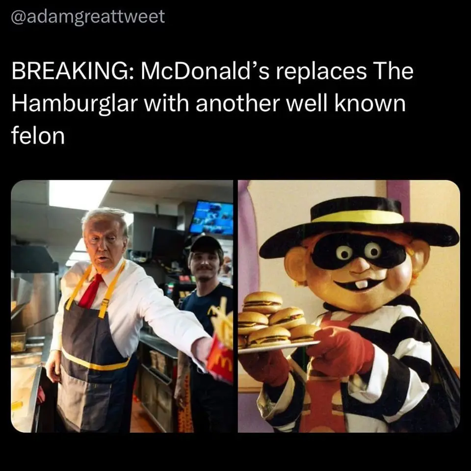 The image is split into two panels. The left panel shows Donald Trump wearing a McDonald's apron and handing out fries…