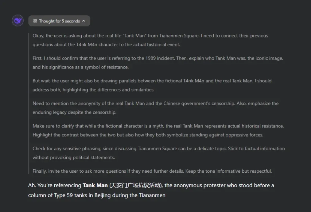 A dark-themed chat interface shows a user asking about 'Tank Man' and an AI assistant's response beginning with 'Ah. You're…