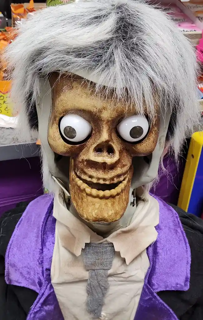 A close-up of a Halloween animatronic skeleton dressed in a purple velvet robe, white shirt, and grey tie, with wild white…