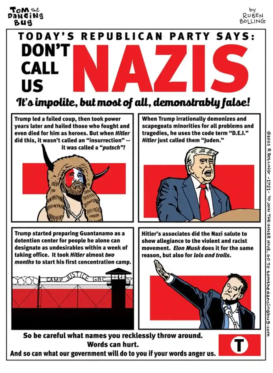 A political cartoon by Ruben Bolling titled 'Tom the Dancing Bug' depicts four panels comparing Donald Trump's actions and…