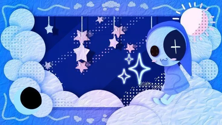 A cute blue cartoon character with one eye covered by a black patch sits on a cloud under a starry night sky. The background…