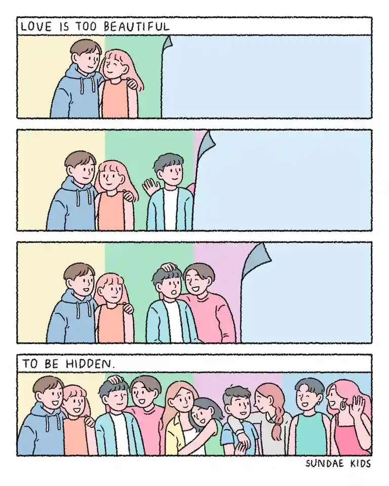 A four-panel comic strip shows a couple embracing, then more people joining them, culminating in a large, joyful crowd. The…