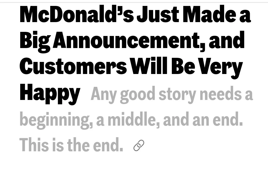 The image displays bold black text on a white background announcing McDonald's made a big announcement that customers will…