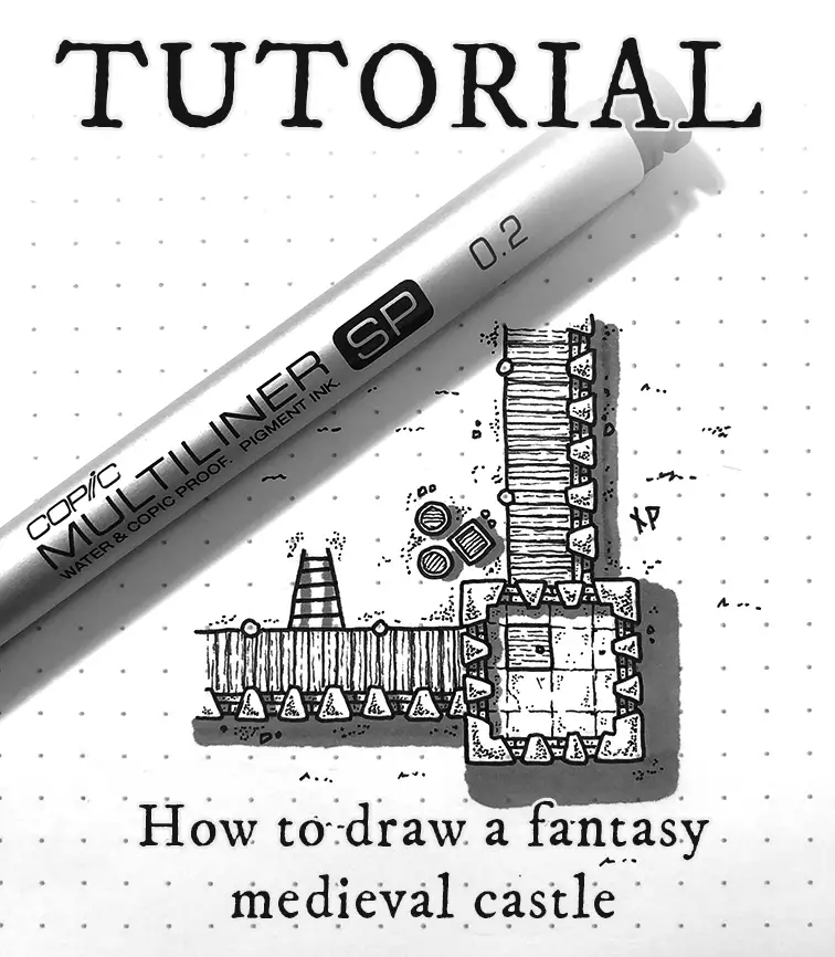 A black-and-white image shows a Copic Multiliner SP 0.2 pen resting diagonally over a sketch of a fantasy medieval castle on…