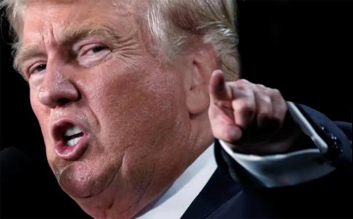 a close-up photo of Donald Trump pointing his finger forward with an intense facial expression, wearing a dark suit and…